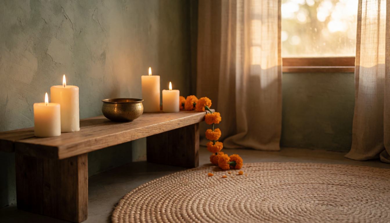 Meditationshjørne med stearinlys og morgenfrue-krans